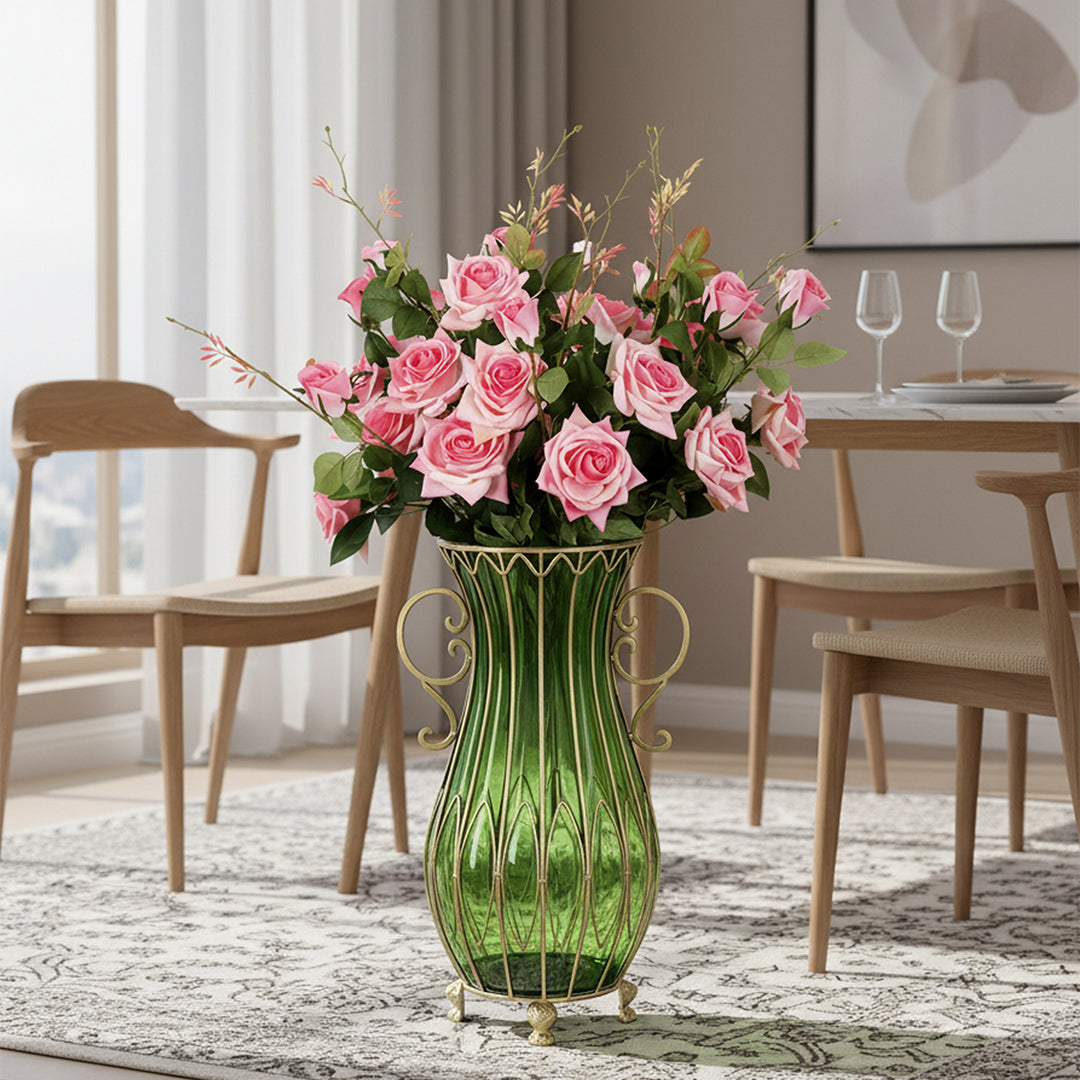 SOGA 51cm Green Glass Tall Floor Vase with 12pcs Pink Artificial Fake Flower Set