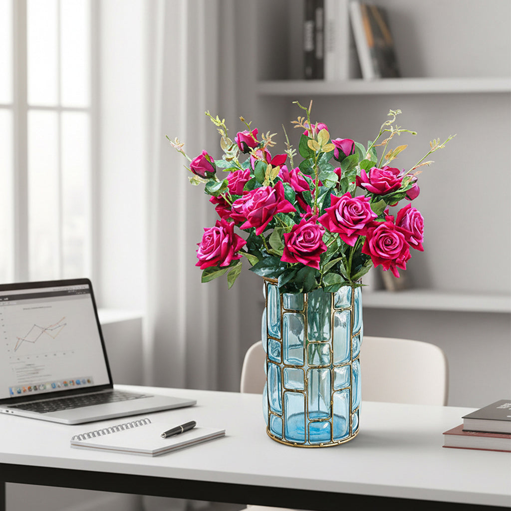 SOGA Blue Glass Cylinder Flower Vase with 8 Bunch 5 Heads Artificial Fake Silk Rose Home Decor Set
