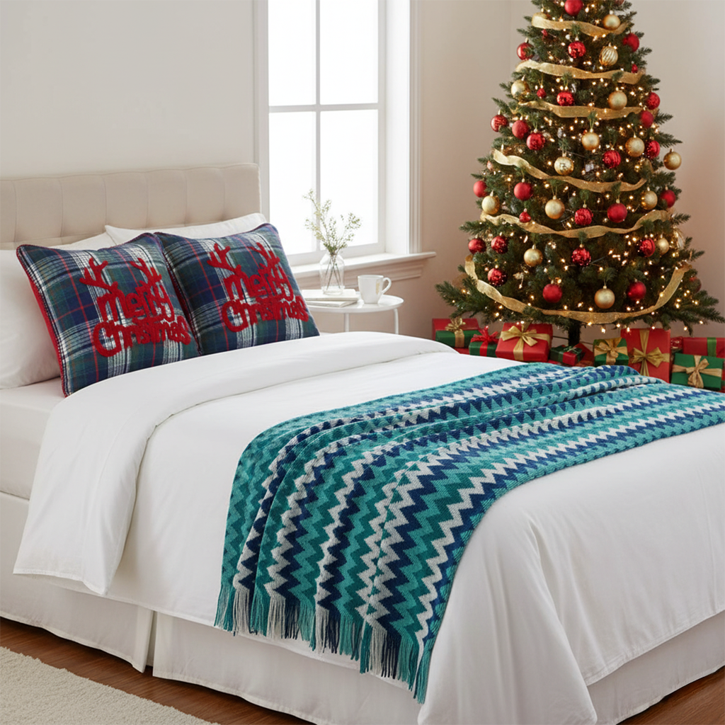 SOGA Christmas Bundle – 2 Multicolor Plaid Antler Pillow & Blue Zigzag Knitted Throw Blanket $ 175