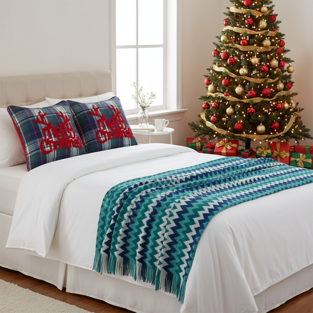 SOGA Christmas Bundle – 2 Multicolor Plaid Antler Pillow & Blue Zigzag Knitted Throw Blanket $ 175