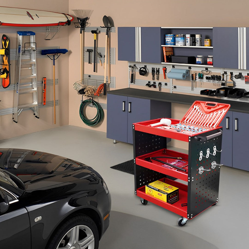 SOGA 2X 3 Tier Tool Storage Cart Portable Service Utility Heavy Duty Mobile Trolley with Hooks Red