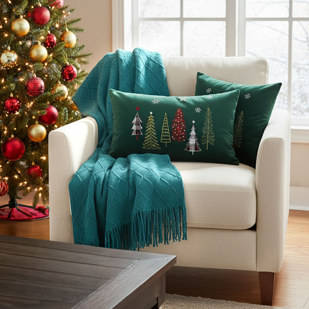 SOGA Christmas Bundle C – 2 Dark Green Christmas Forest Lumbar Pillow & Teal Knitted Throw Blanket