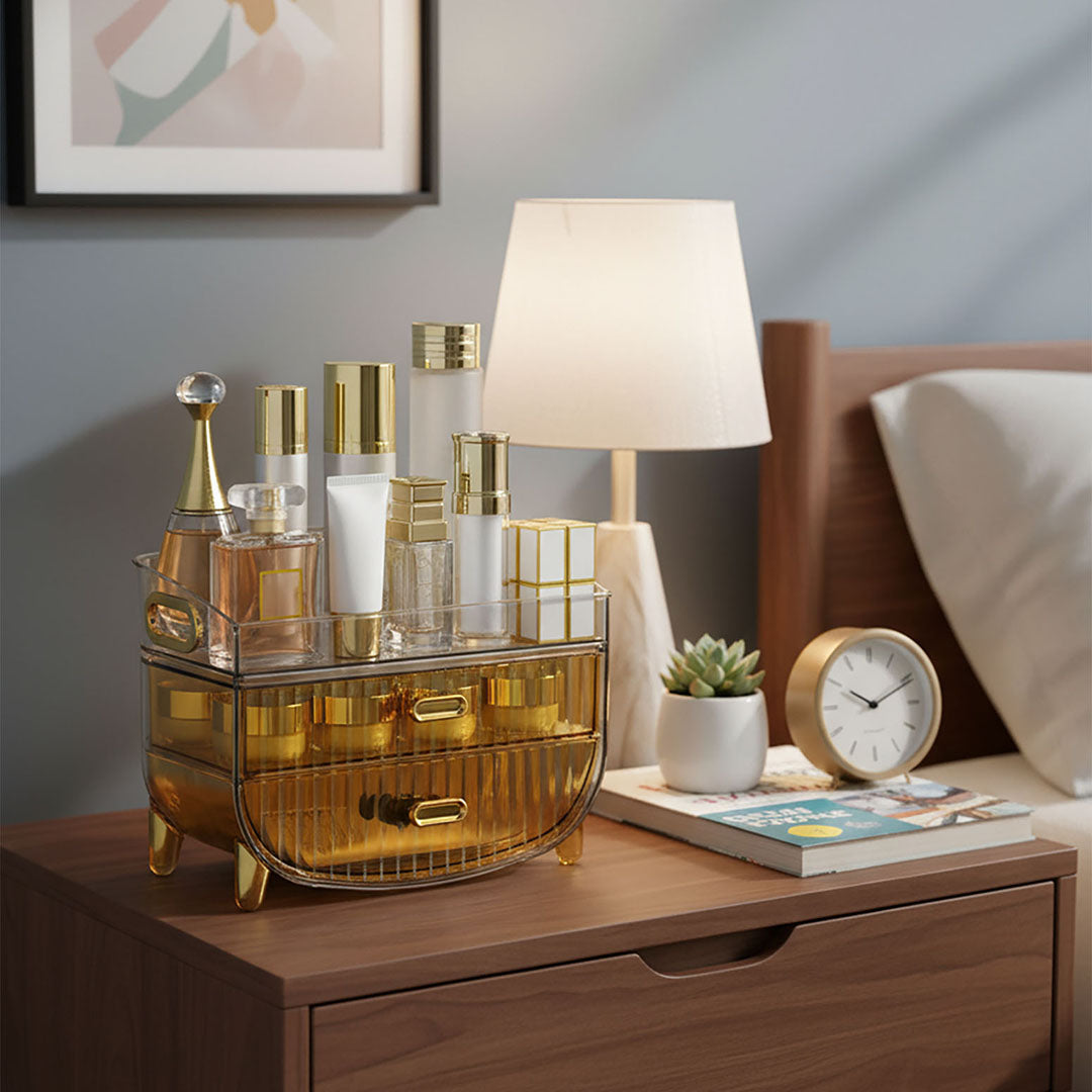 SOGA 3 Tier Golden Yellow Multifunctional Countertop Cosmetic Storage Makeup Skincare Holder Jewelry Cabinet Bathroom Desk Drawer Vanity Organiser
