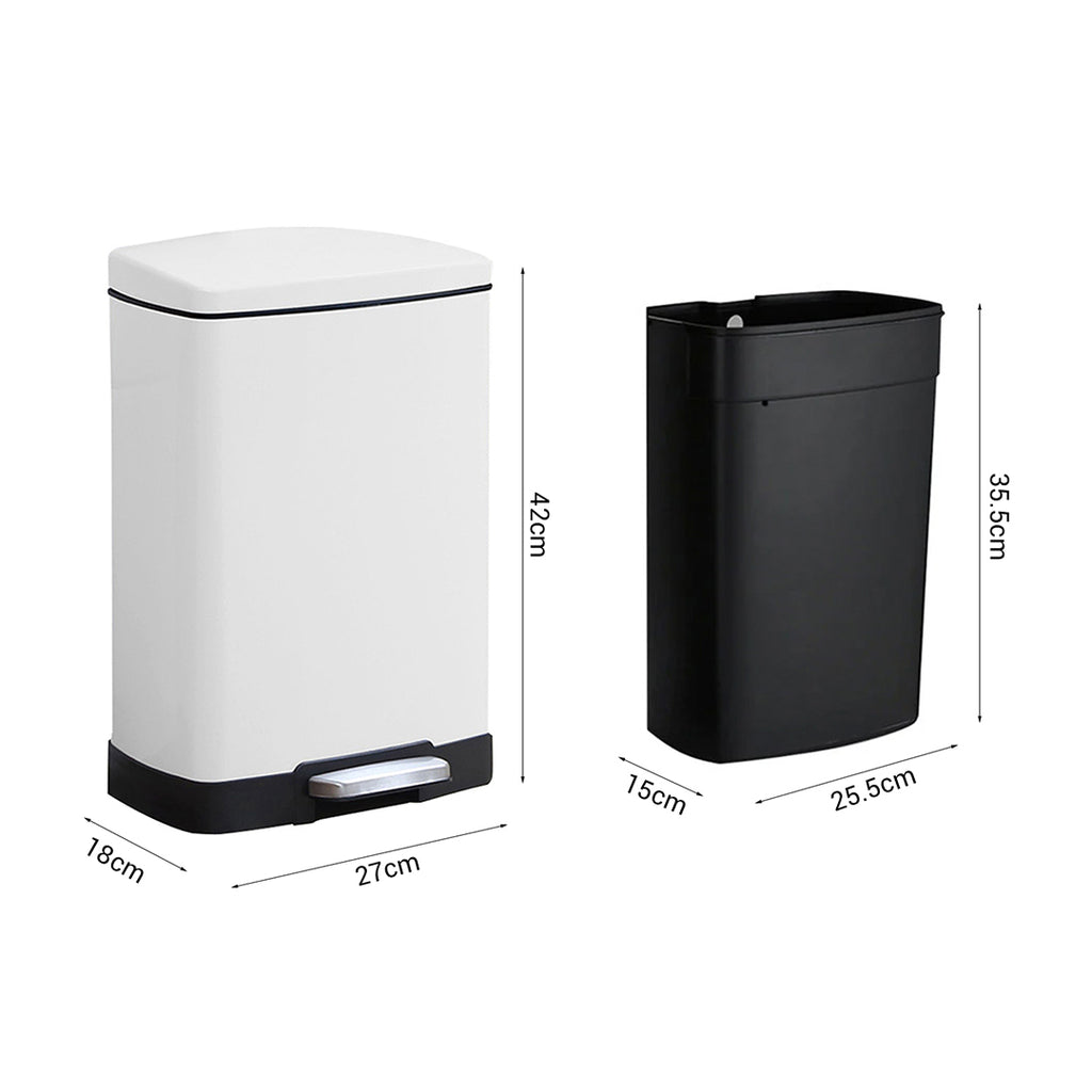 SOGA Foot Pedal Stainless Steel Rubbish Recycling Garbage Waste Trash Bin Rectangular Shape 12L White
