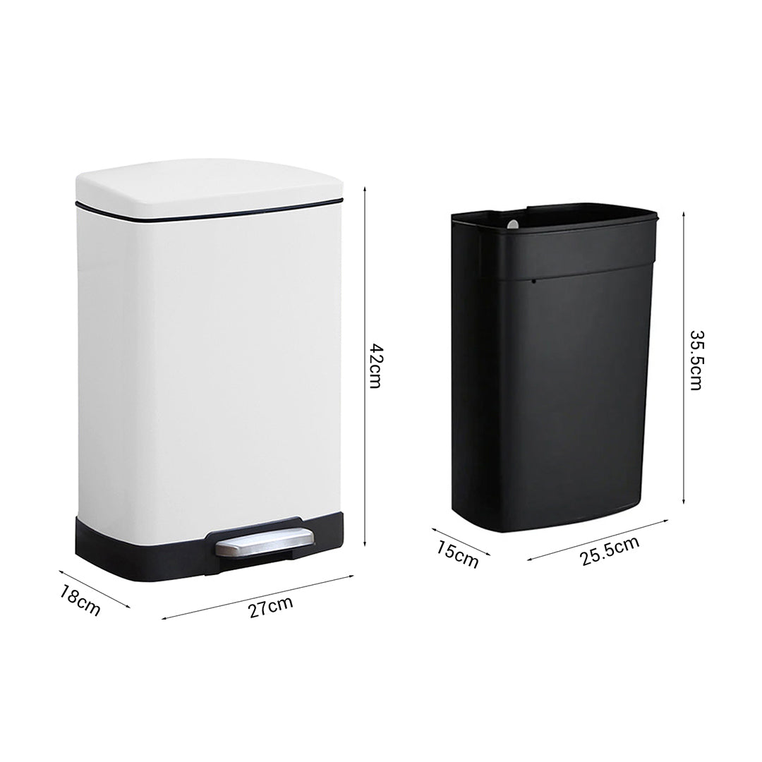 SOGA Foot Pedal Stainless Steel Rubbish Recycling Garbage Waste Trash Bin Rectangular Shape 12L White