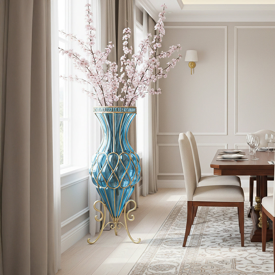 SOGA 65 cm Blue Glass Tall Floor Vase with Metal Flower Stand – Elegant Statement Piece for Modern Homes