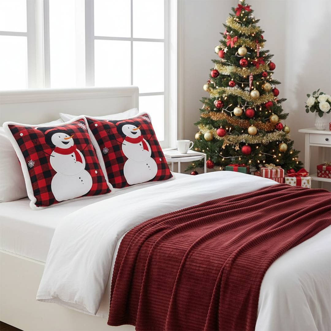 SOGA Christmas Bundle – 2 Red Snowman Holiday Pillow & Burgundy Striped Cozy Throw Blanket $ 136