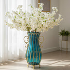 SOGA 51cm Blue Glass Tall Floor Vase and 10pcs White Artificial Fake Flower Set