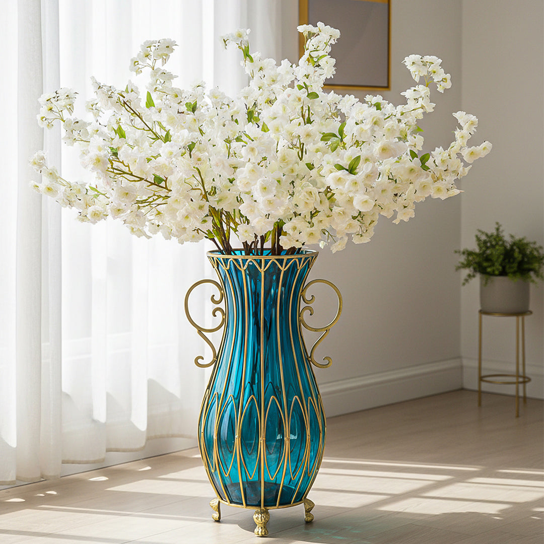 SOGA 51cm Blue Glass Tall Floor Vase and 10pcs White Artificial Fake Flower Set