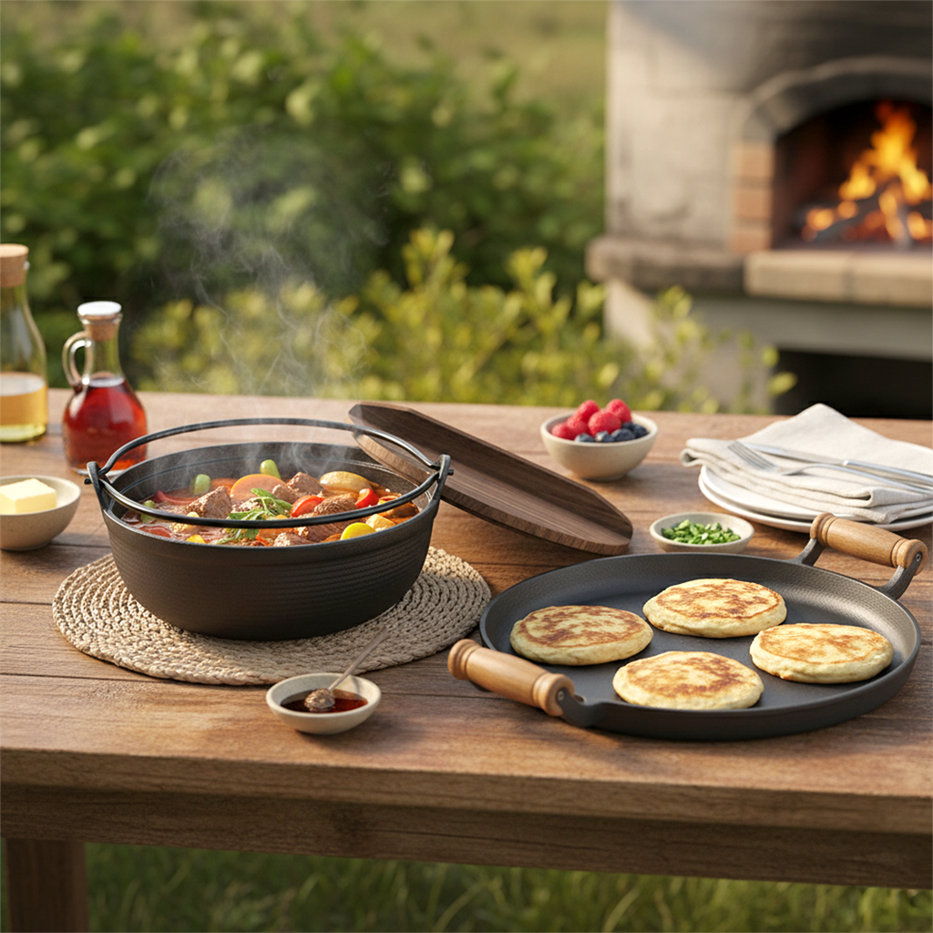 SOGA Kitchenware Bundle – Cast Iron Sukiyaki Hot Pot & Frying Pan Skillet with Wooden Handle