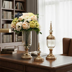 SOGA 2 x Clear Glass Flower Vase with Lid and White Flower Filler Vase Gold Set