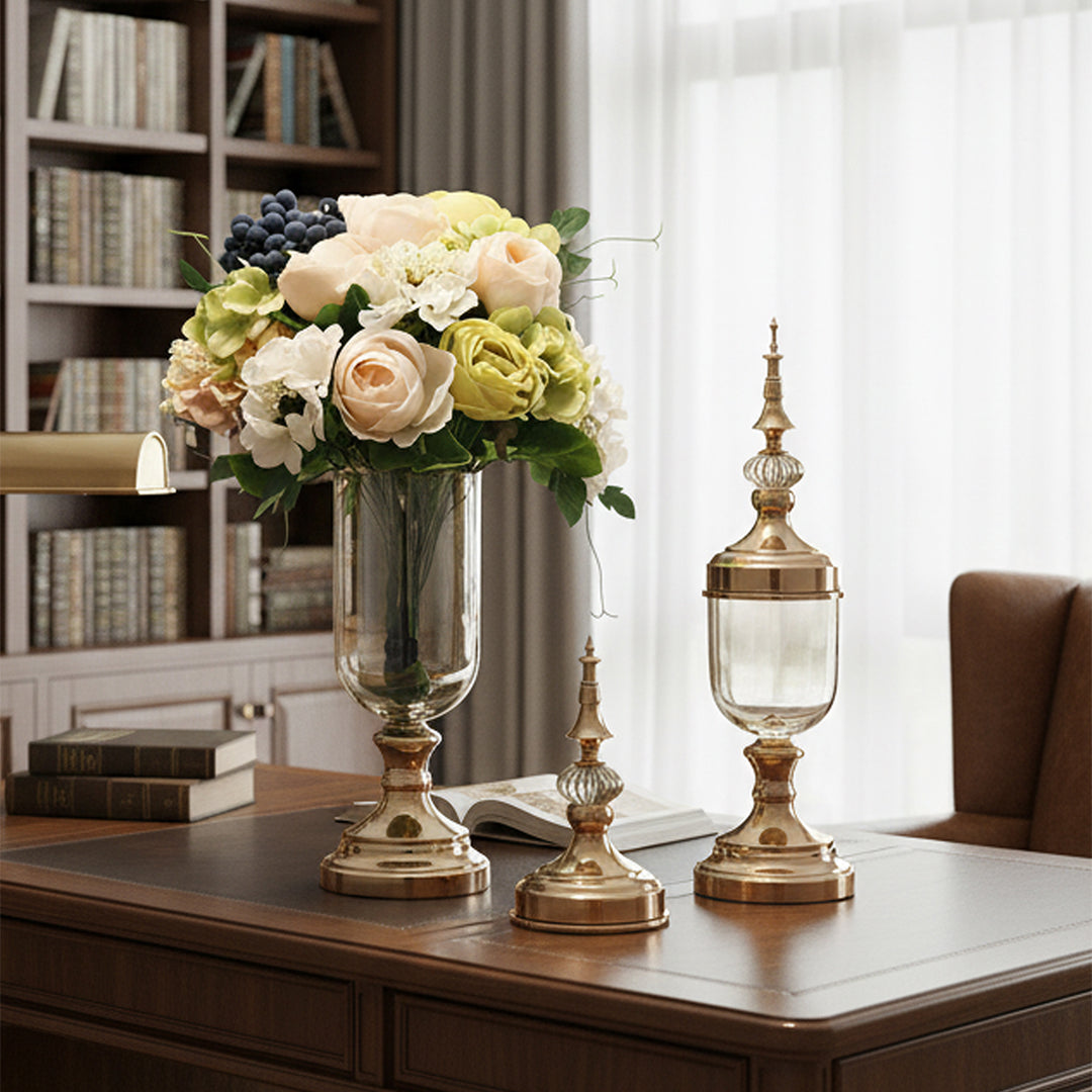 SOGA 2 x Clear Glass Flower Vase with Lid and White Flower Filler Vase Gold Set