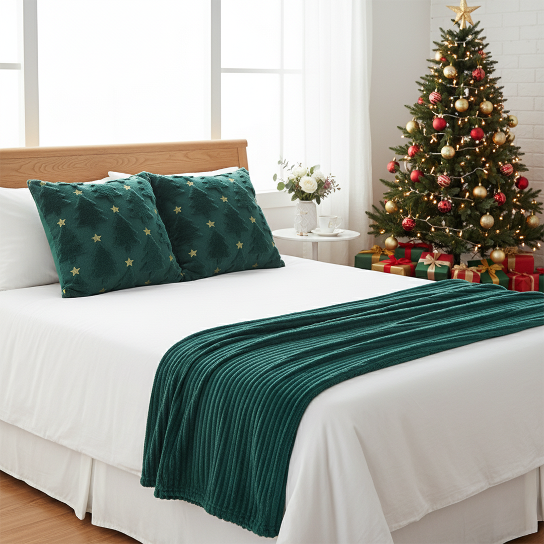 SOGA Christmas Bundle – 2 Teal Christmas Tree Pillow & Dark Green Cozy Striped Throw Blanket $ 178