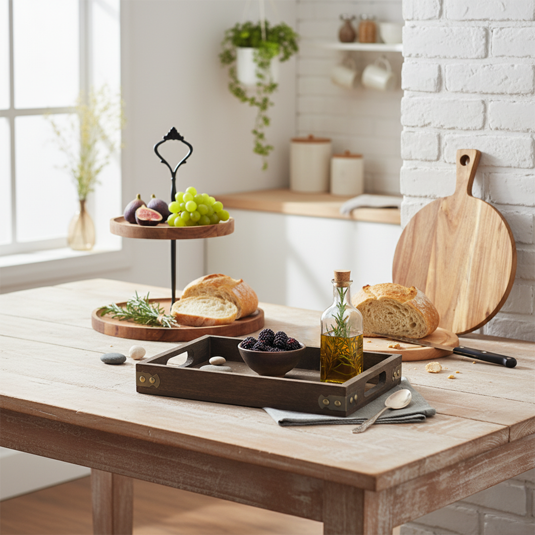SOGA Kitchenware Bundle – Wooden Dessert Stand, Serving Tray & Premium Acacia Cutting Board