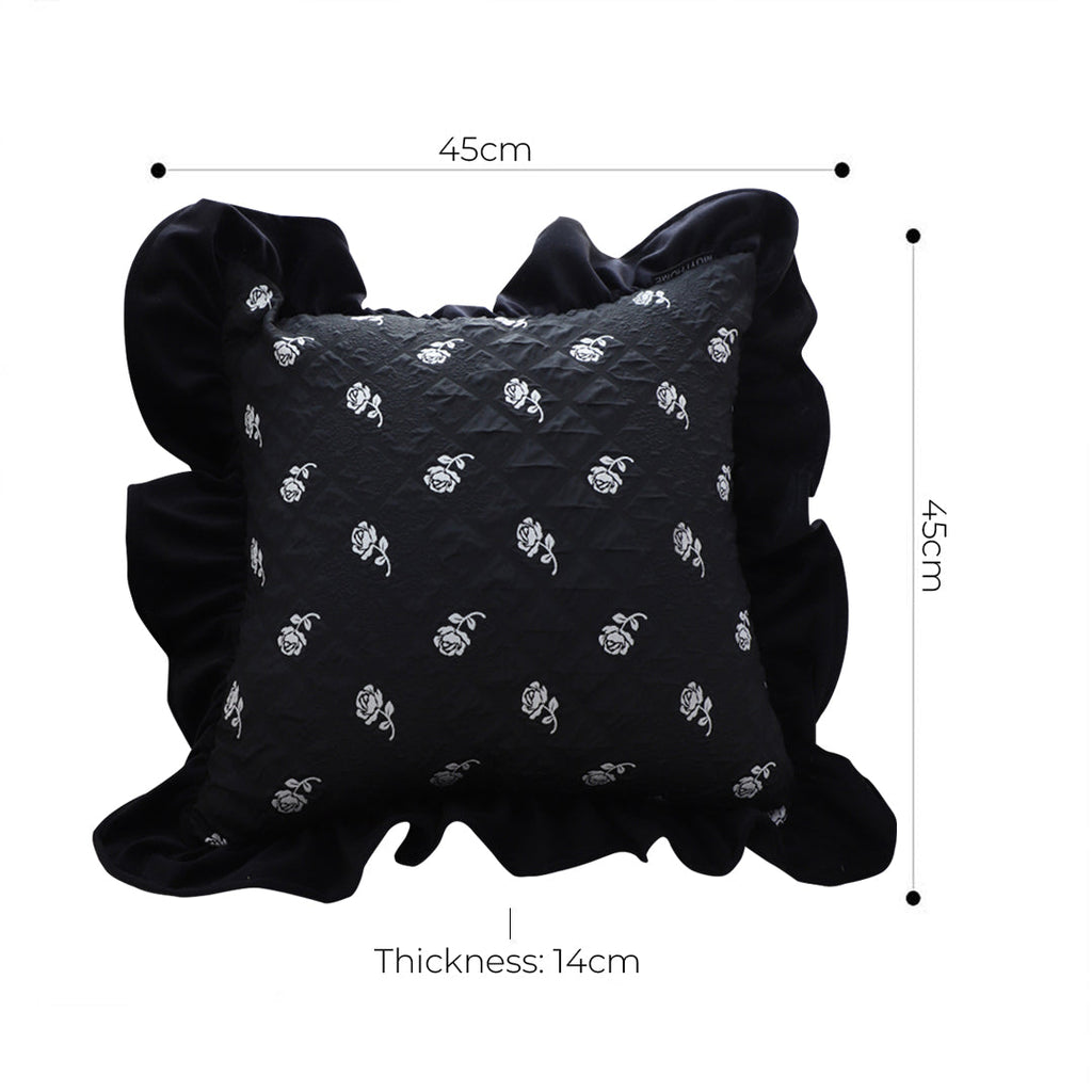 SOGA 2X 45cm Throw Pillow Black Ruffled Square Decorative Cushion for Rose Lovers Cozy Home Decor