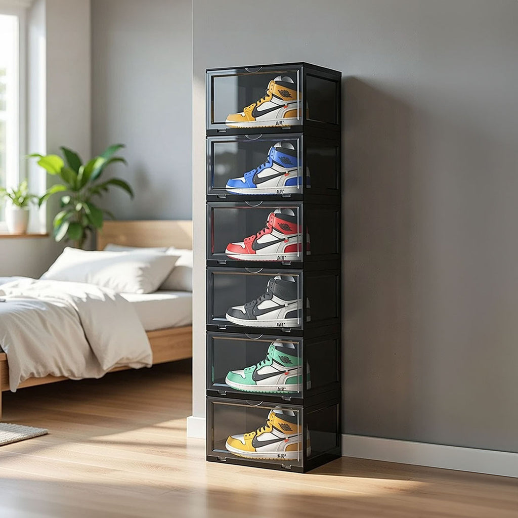 SOGA 6 Tier Black Portable Shoe Organiser Sneaker Footwear Folding Plastic Bin Stackable Storage Box with Magnetic Door