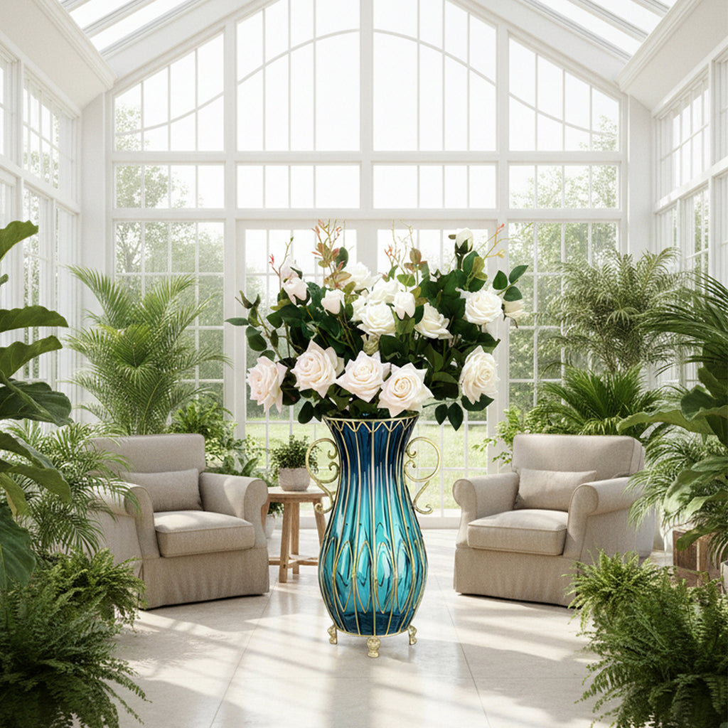 SOGA 51cm Blue Glass Tall Floor Vase with 12pcs White Artificial Fake Flower Set