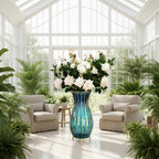 SOGA 51cm Blue Glass Tall Floor Vase with 12pcs White Artificial Fake Flower Set