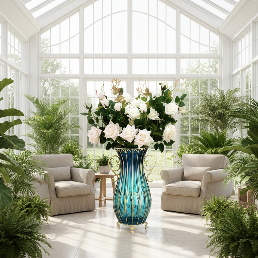 SOGA 51cm Blue Glass Tall Floor Vase with 12pcs White Artificial Fake Flower Set
