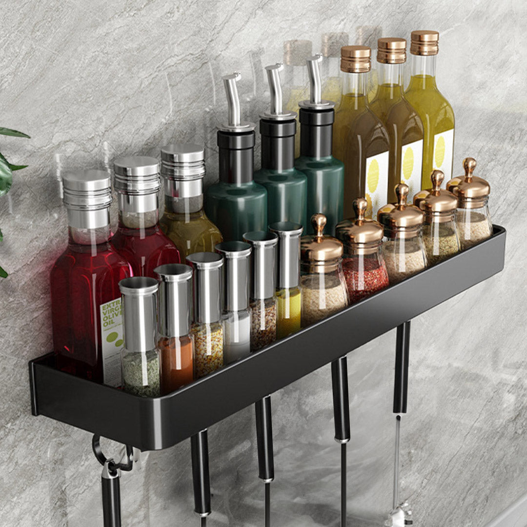 SOGA 50cm Black Wall-Mounted Rectangular Kitchen Spice Storage Organiser Space Saving Condiments Shelf Rack with Hooks
