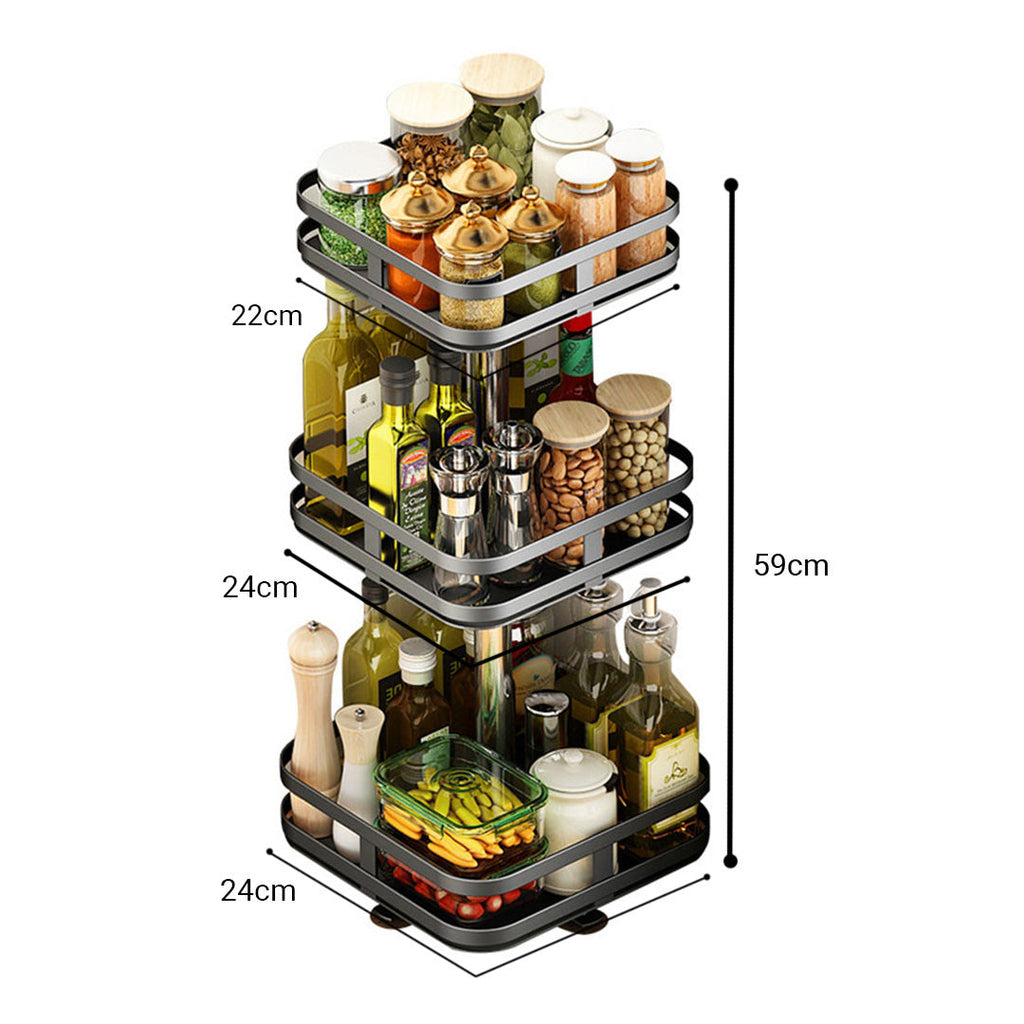 SOGA 3 Tier Steel Black Square Rotating Multi-Function Kitchen Portable Storage Spice Seasoning Kitchen Countertop Organiser Shelf