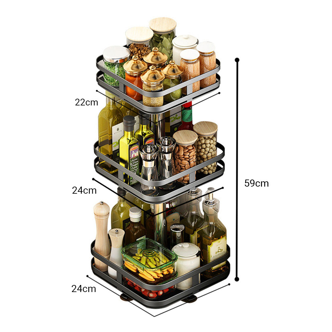SOGA 3 Tier Steel Black Square Rotating Multi-Function Kitchen Portable Storage Spice Seasoning Kitchen Countertop Organiser Shelf