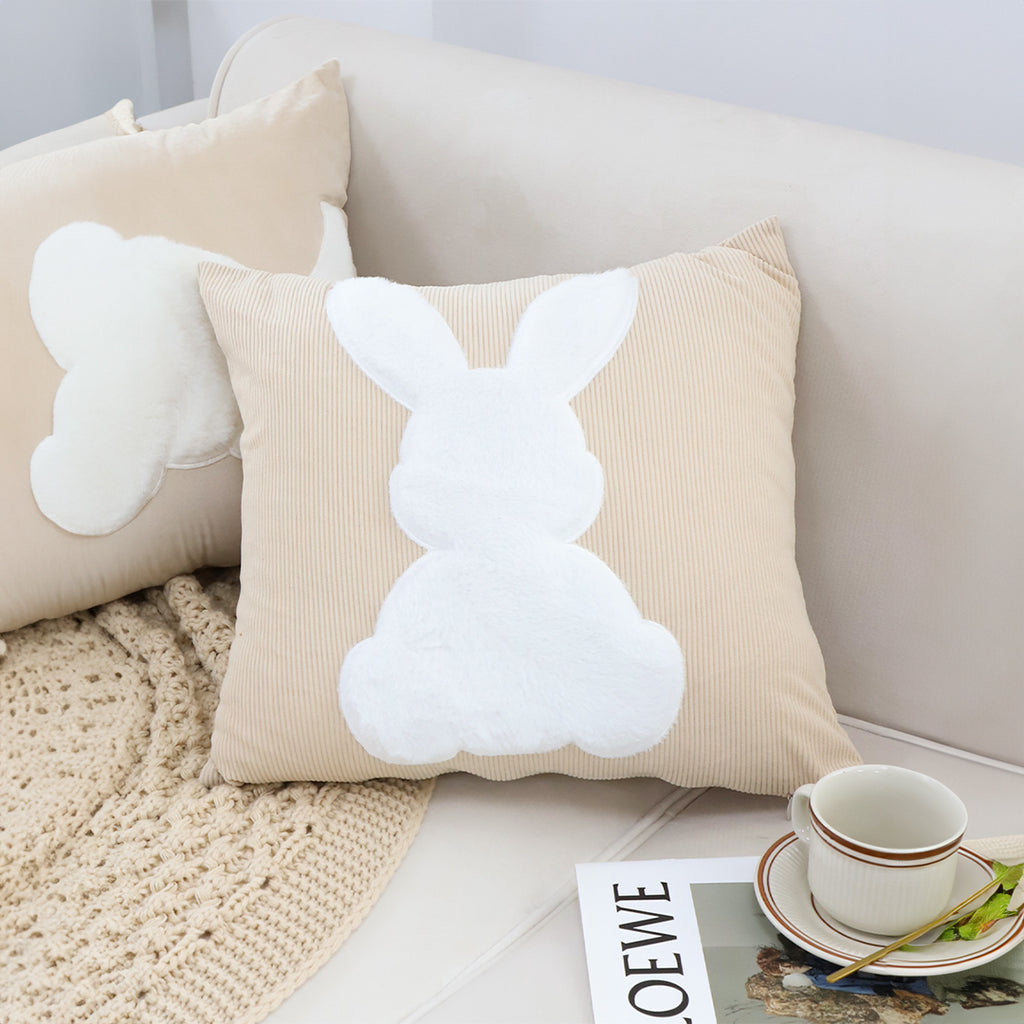 SOGA 2X 45cm Throw Pillow Light Tan Square Cushion with Soft White Rabbit Design Decorative Home Decor