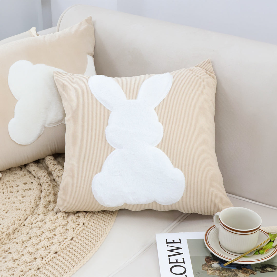 SOGA 2X 45cm Throw Pillow Light Tan Square Cushion with Soft White Rabbit Design Decorative Home Decor