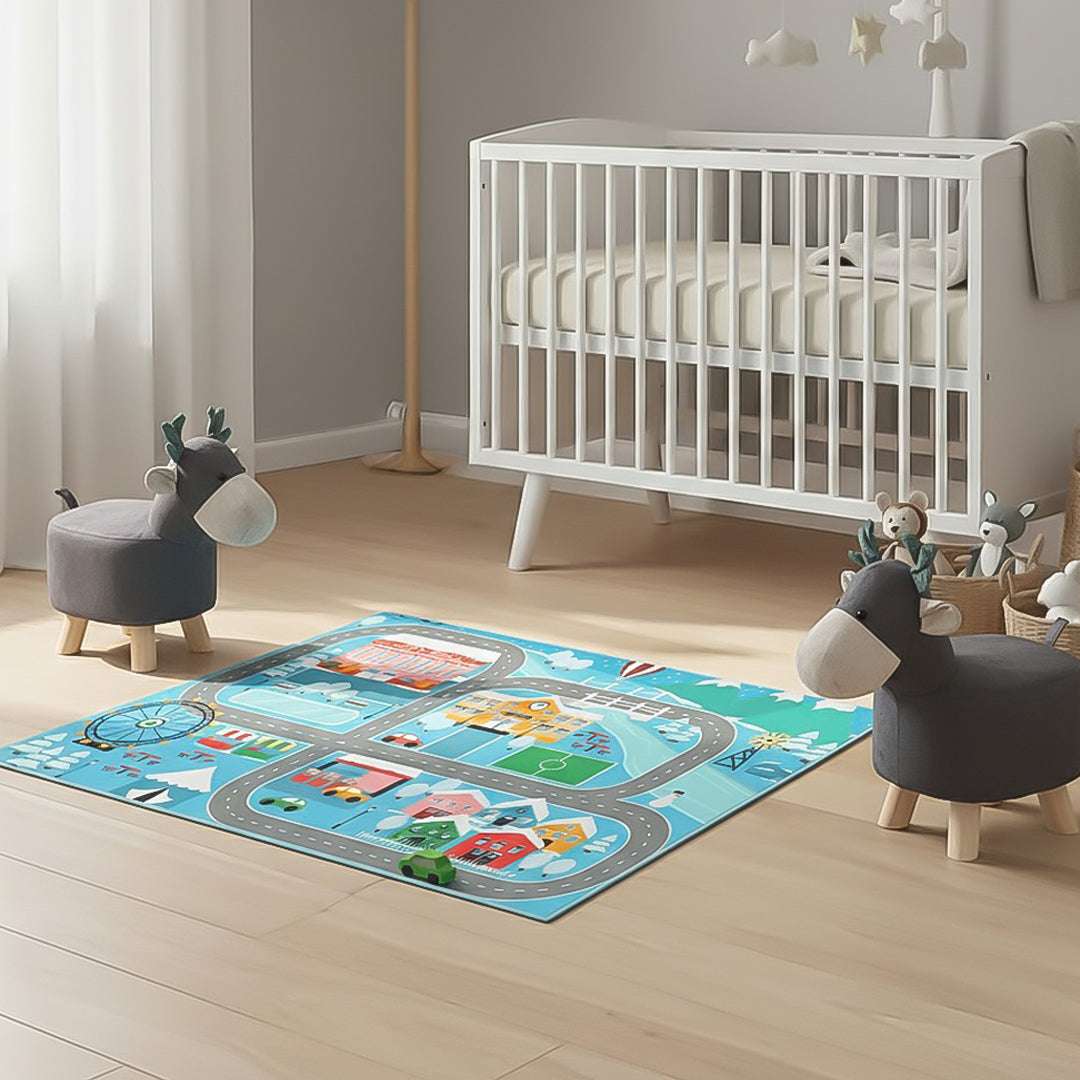 SOGA Home & Living Bundle – 2 Grey Deer Character Children's Ottoman & Kids Street Map Rug