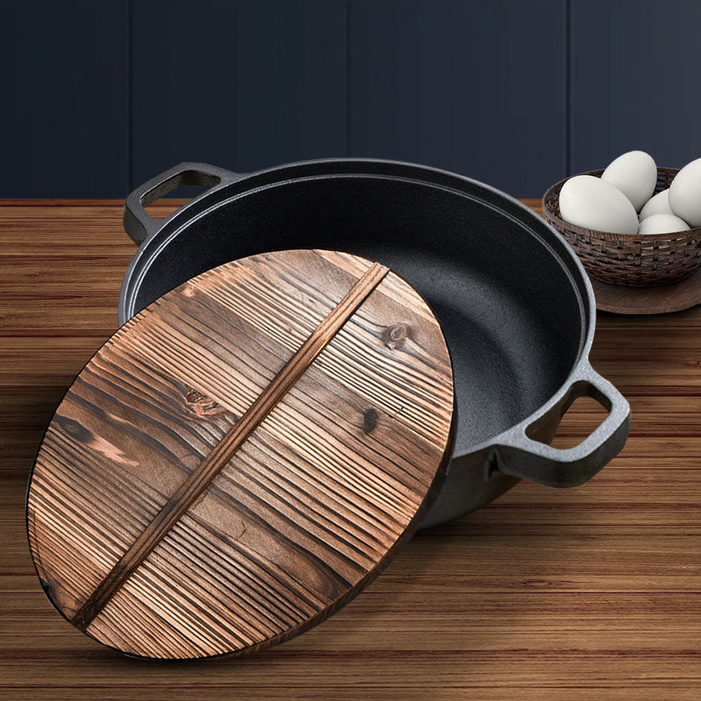 SOGA 35cm Round Cast Iron Pre-seasoned Deep Baking Pizza Frying Pan Skillet with Wooden Lid