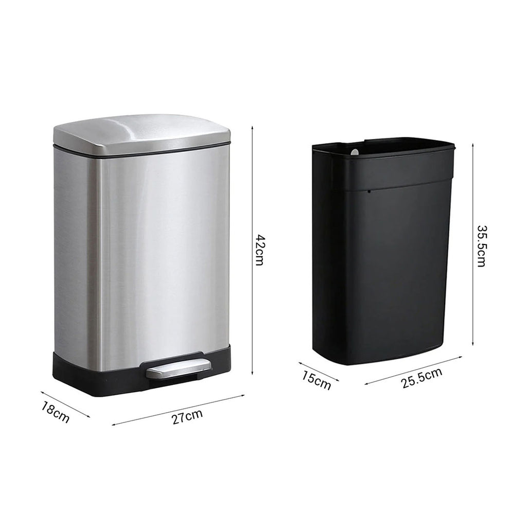SOGA 4X Foot Pedal Stainless Steel Rubbish Recycling Garbage Waste Trash Bin Rectangular Shape 12L Silver