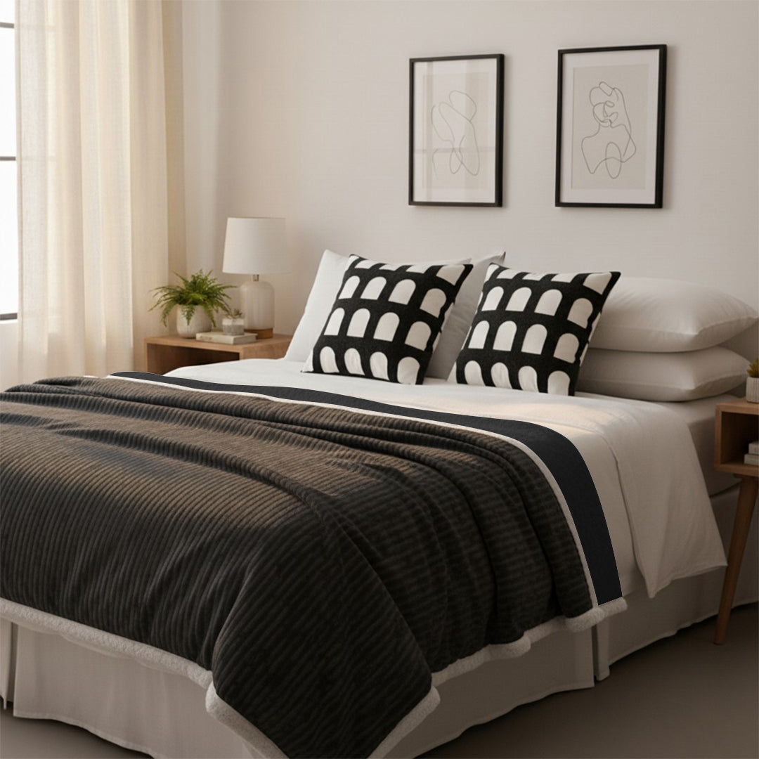 SOGA Home & Living Bundle – 2 Black White Geometric Pillow & Cozy Black Flannel Throw Blanket
