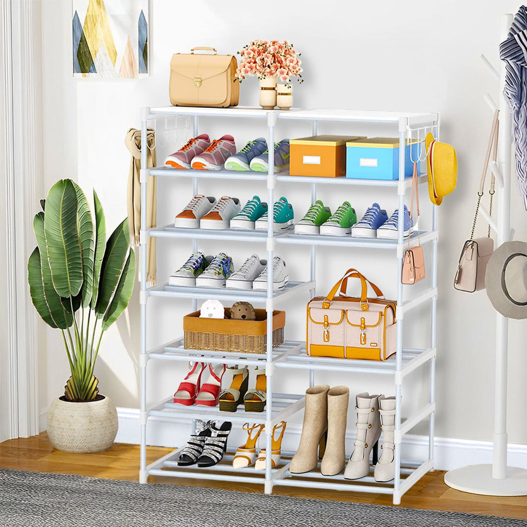 SOGA 12-Shelf Tier Shoe Storage Shelf Space-Saving Caddy Rack Organiser with Side Hooks White