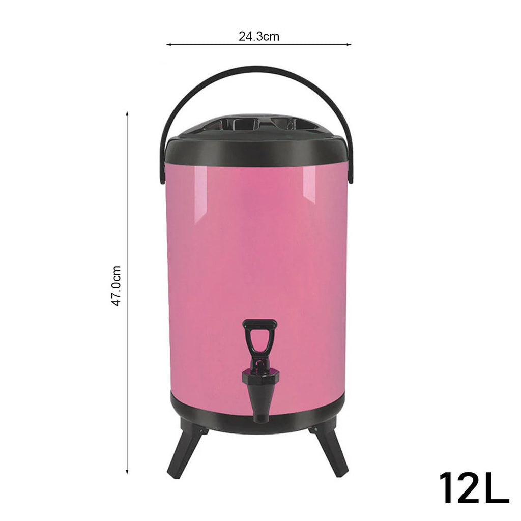 SOGA 8X 12L Stainless Steel Insulated Milk Tea Barrel Hot and Cold Beverage Dispenser Container with Faucet Pink