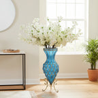 SOGA 67cm Blue Glass Tall Floor Vase with 10pcs White Artificial Fake Flower Set