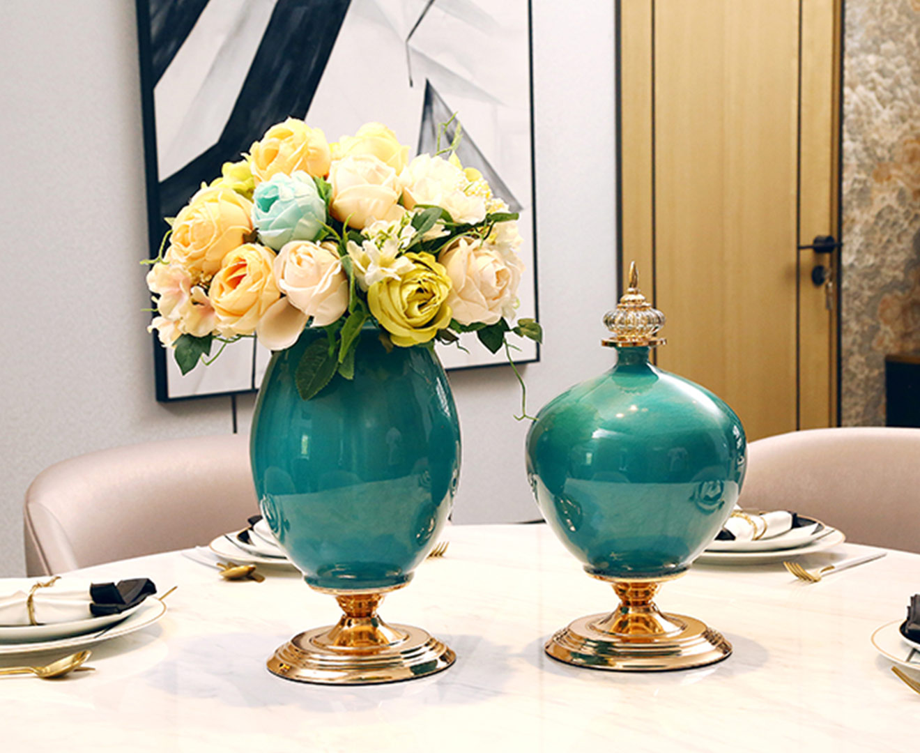 SOGA 2x 42cm Ceramic Oval Flower Vase with Gold Metal Base Dark Blue