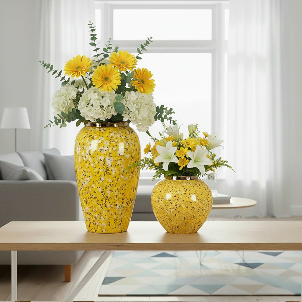 SOGA Home & Living Bundle – Yellow with White Mini Floral Ceramic Vases for Elegant Home Decor