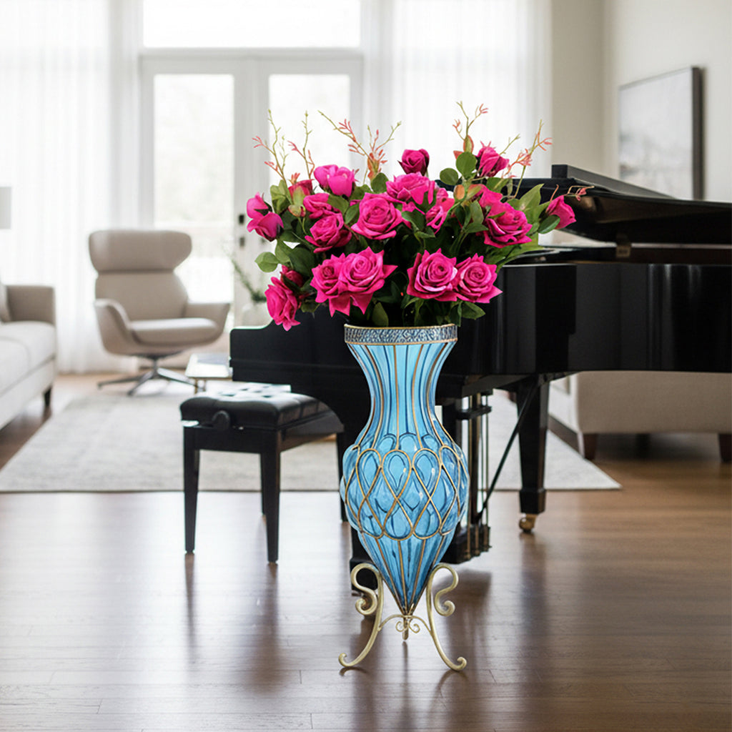 SOGA 67cm Blue Glass Tall Floor Vase and 12pcs Dark Pink Artificial Fake Flower Set