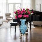 SOGA 67cm Blue Glass Tall Floor Vase and 12pcs Dark Pink Artificial Fake Flower Set
