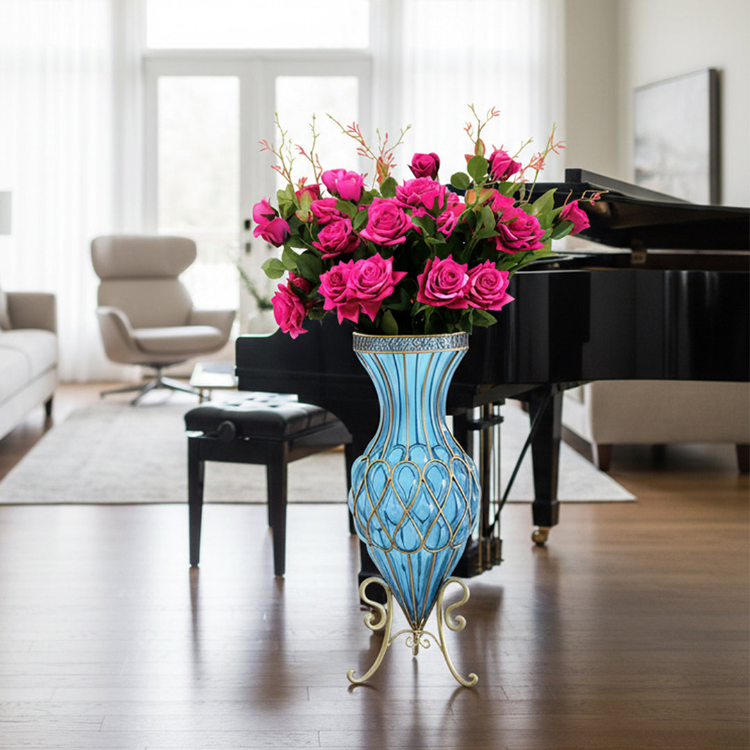 SOGA 67cm Blue Glass Tall Floor Vase and 12pcs Dark Pink Artificial Fake Flower Set