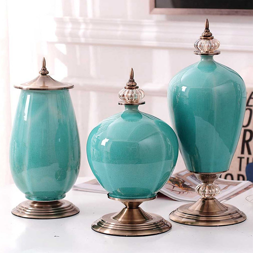 SOGA 40cm Ceramic Oval Flower Vase with Gold Metal Base Green