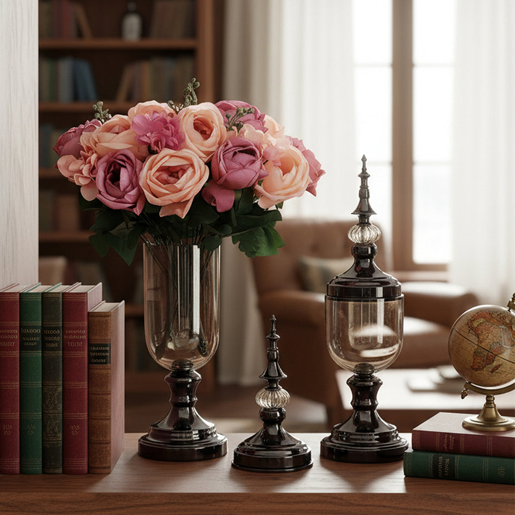 SOGA 2 x Clear Glass Flower Vase with Lid and Pink Flower Filler Vase Black Set