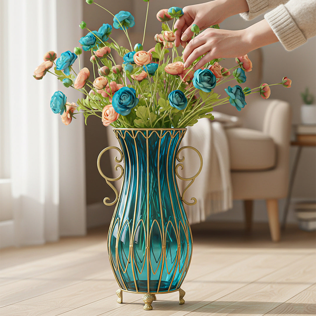 SOGA 51cm Blue Glass Tall Floor Vase with 12pcs Artificial Fake Flower Set