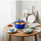 SOGA Kitchenware Bundle – Blue Enamel Stewpot, Stainless Steel Fry Pan & Ceramic Dinnerware Set $ 229