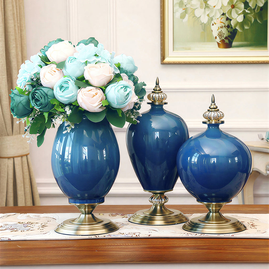 SOGA 2x 38cm Ceramic Oval Flower Vase with Gold Metal Base Dark Blue