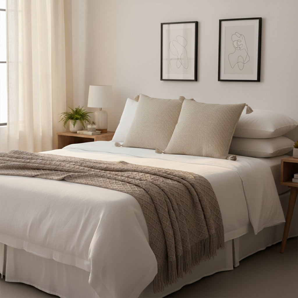 SOGA Home & Living Bundle – 2 Khaki Wabi-Sabi Tassel Pillows & Coffee Knitted Blanket