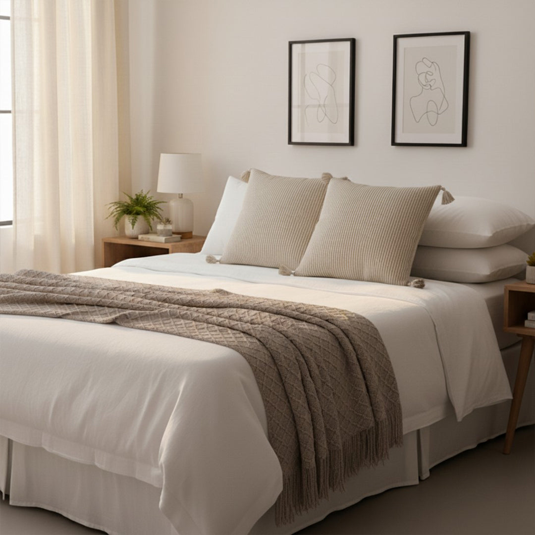 SOGA Home & Living Bundle – 2 Khaki Wabi-Sabi Tassel Pillows & Coffee Knitted Blanket