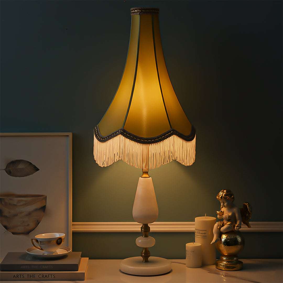 SOGA Jade Stone Base Table Lamp Vintage Yellow Shade Tassel Fringe Bedside Desk Light $ 295