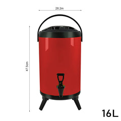 SOGA 4X 16L Stainless Steel Insulated Milk Tea Barrel Hot and Cold Beverage Dispenser Container with Faucet Red