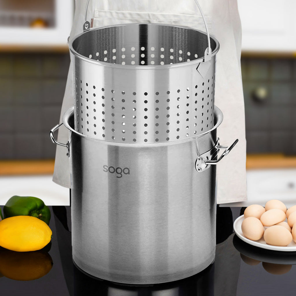 SOGA 130L 18/10 Stainless Steel Stockpot with Perforated Stock pot Basket Pasta Strainer